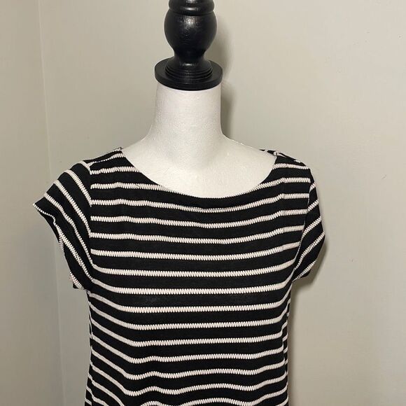 LOFT Womens Cap Sleeve Casual Top Shirt Striped Cut Out Back Small Petite Black - Picture 2 of 8
